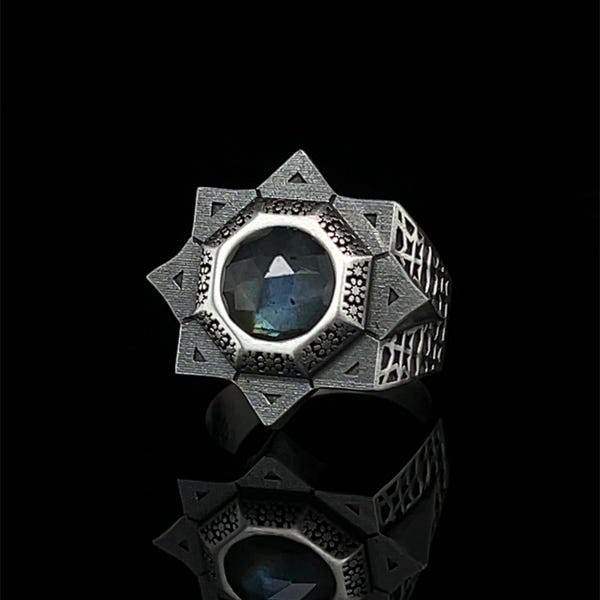 Sterling Silver Octagram Ring for Men, Geometric Design, Handmade Labradorite Jewelry