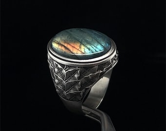 Chunky Labradorite Snake Design Ring, Rainbow Sterling Silver Statement Piece