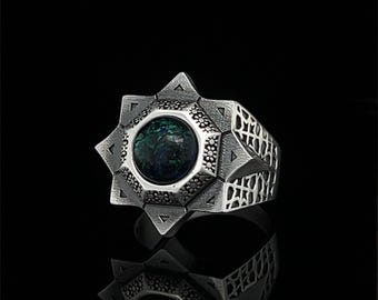 Sterling Silver Azurite Ring, Octagonal Magic Design, Boho Hippie Style