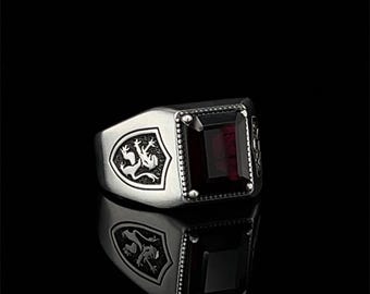 Lion Garnet Ring for Him, Sterling Silver Men's Signet, Handmade Engagement Ring