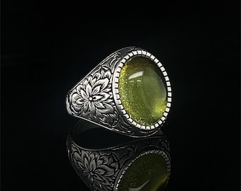 Amber sterlingzilveren ring, bloemenpatroon, handgemaakt ontwerp