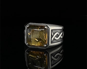 Men's Baltic Amber Occult Ring, Blackened Silver Ayyan Designer, Natural Stone Spiritual Jewelry