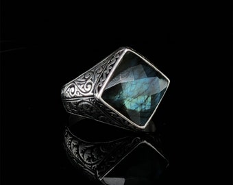 Vintage Labradorite Gemstone Ring, Statement Ring, Labradorite Jewelry, 925k Sterling Silver Ring, Handmade Bohemian Ring, Gift For Idea