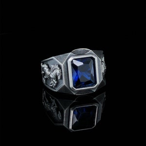 Men&#39;s Silver Horse Ring, Sapphire Gemstone, Sterling Silver Mens Ring, Animal Jewelry, Best Handmade High Quality Ring, Gift Ideas