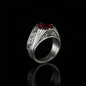 Vintage Gemstone Men&#39;s Ring, Antique Design Eternity Ring, Vintage Jewelry, Handmade, Garnet Stone Sterling Silver Ring, Gift Idea
