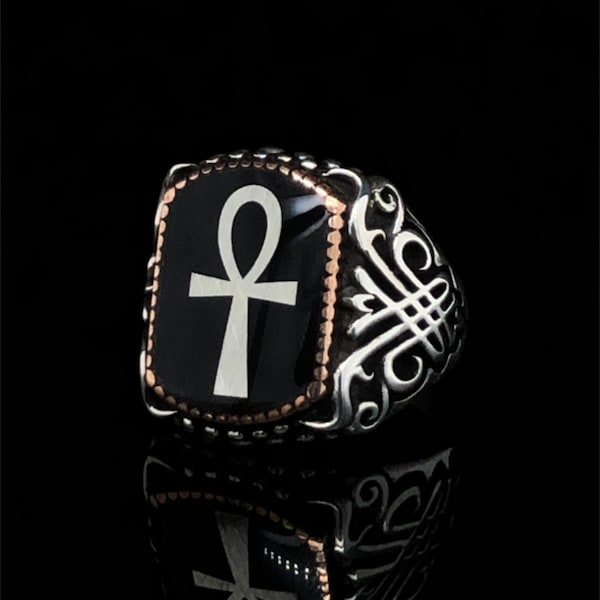 Ancient Egypt Symbol Silver Ring, Custom Made Ankh Sterling Silver Men Ring, Ankh Statement Ring, Egyptian Hieroglyph Symbol Silver Ring