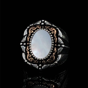 Antique Men&#39;s Pearl Circle Ring, White Mother of Pearl Unique Gemstone Silver, Engagement Traditional Custom Pearl Jewelry, Gift For Husband