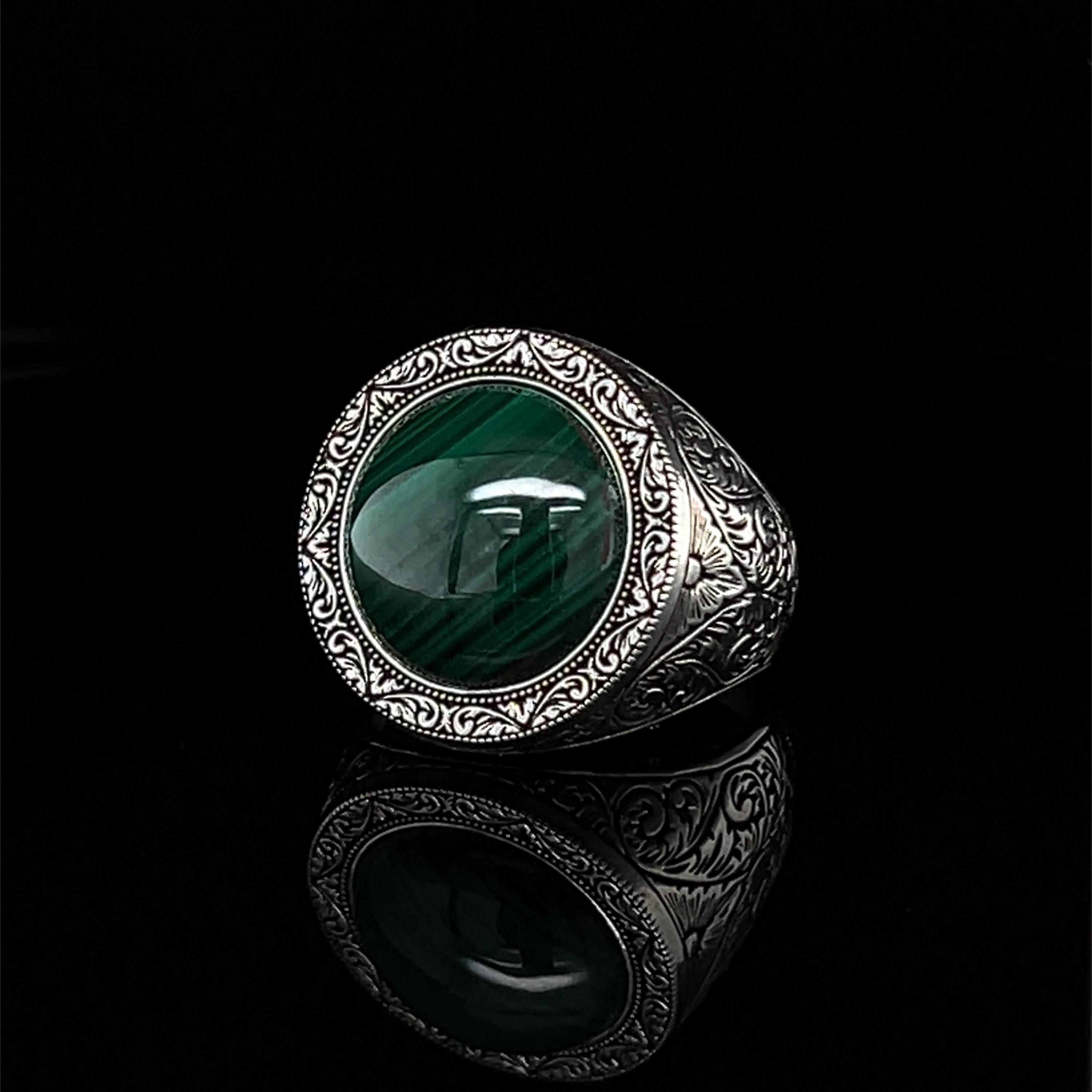 Bague Ancienne Malachite Argent Massif - Style Art Déco, Pierre Verte, Occasion