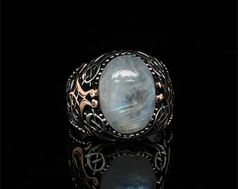 Vintage Style Celtic Ring with Moonstone Gem, Handcrafted 925 Silver Jewelry