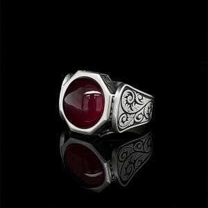 Vintage Style Genuine Ruby Ring, Cabochon Lab Ruby Band with Engraved Pattern