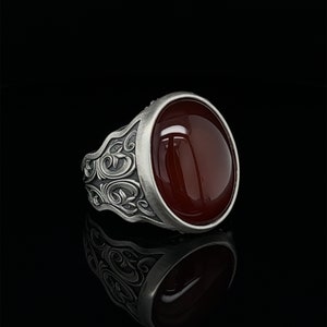 Red Agate Men&#39;s Ring, Handmade, Vintage Design Ring, Agate Jewelry, Sterling Silver Ring, Engraved Gemstone Ring