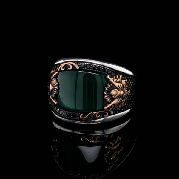 Custom Vintage Ottoman Ring for Men, Sterling Silver Agate Warrior Design