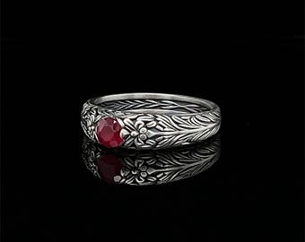 Nature-Inspired Ruby Wedding Band, Sterling Silver Floral Ring, Handmade Anniversary & Promise Gift
