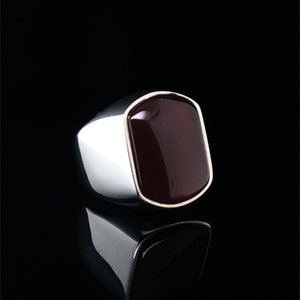 Unique Aqeeq Men&#39;s Ring, Sterling Silver Polished Ring, Square Agate Modern Design Jewelry, Alternative Wedding Band, Anniversary Gift Him