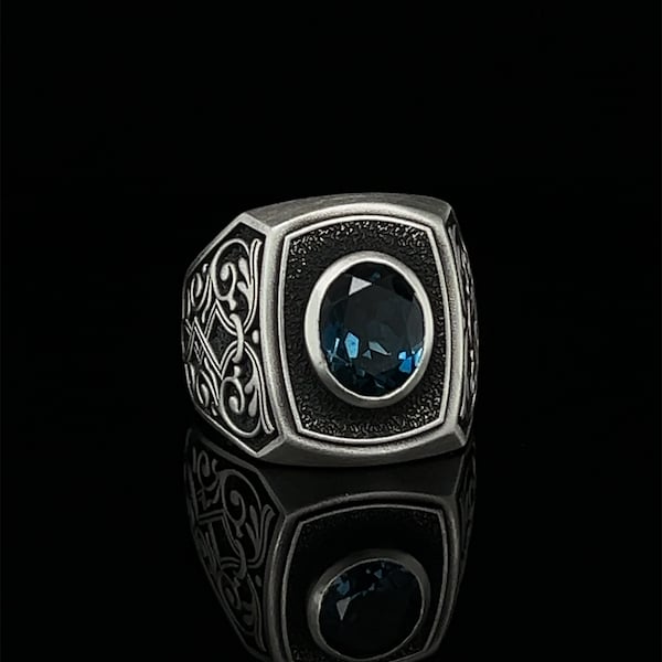 London Blue Topaz Ring, 12mm Oval Cut Blue Stone, Art Deco Topaz Gem Statement Ring