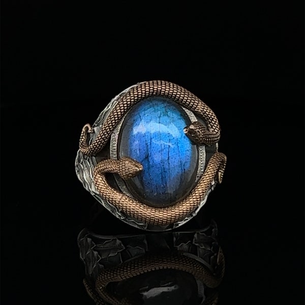 Silver Snake Ring with Labradorite, Unique Animal Rings for Men, Serpent Jewelry