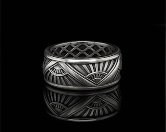 Art Deco 10mm Sterling Silver Wedding Band, Engraved Vintage Statement Ring, Eternity Jewelry Gift