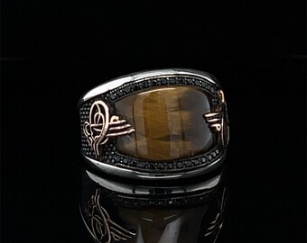 Tigers Eye Ring For Men, Ottoman Sterling Silver, Historical Gemstone Ring