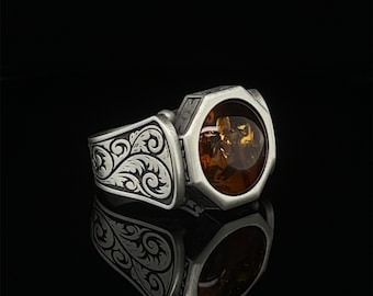 Handcrafted Amber Ring for Him, Rustic Men's Jewelry, Unique Baltic Amber Gift