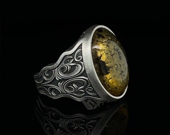 Amber Sterling Silver Ring, Handcrafted Vintage Men's Jewelry, Baltic Amber Statement Piece