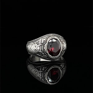 Owl Sterling Silver Garnet Gemstone Ring, Antique Design Animal Jewelry, Handmade Signet Gift