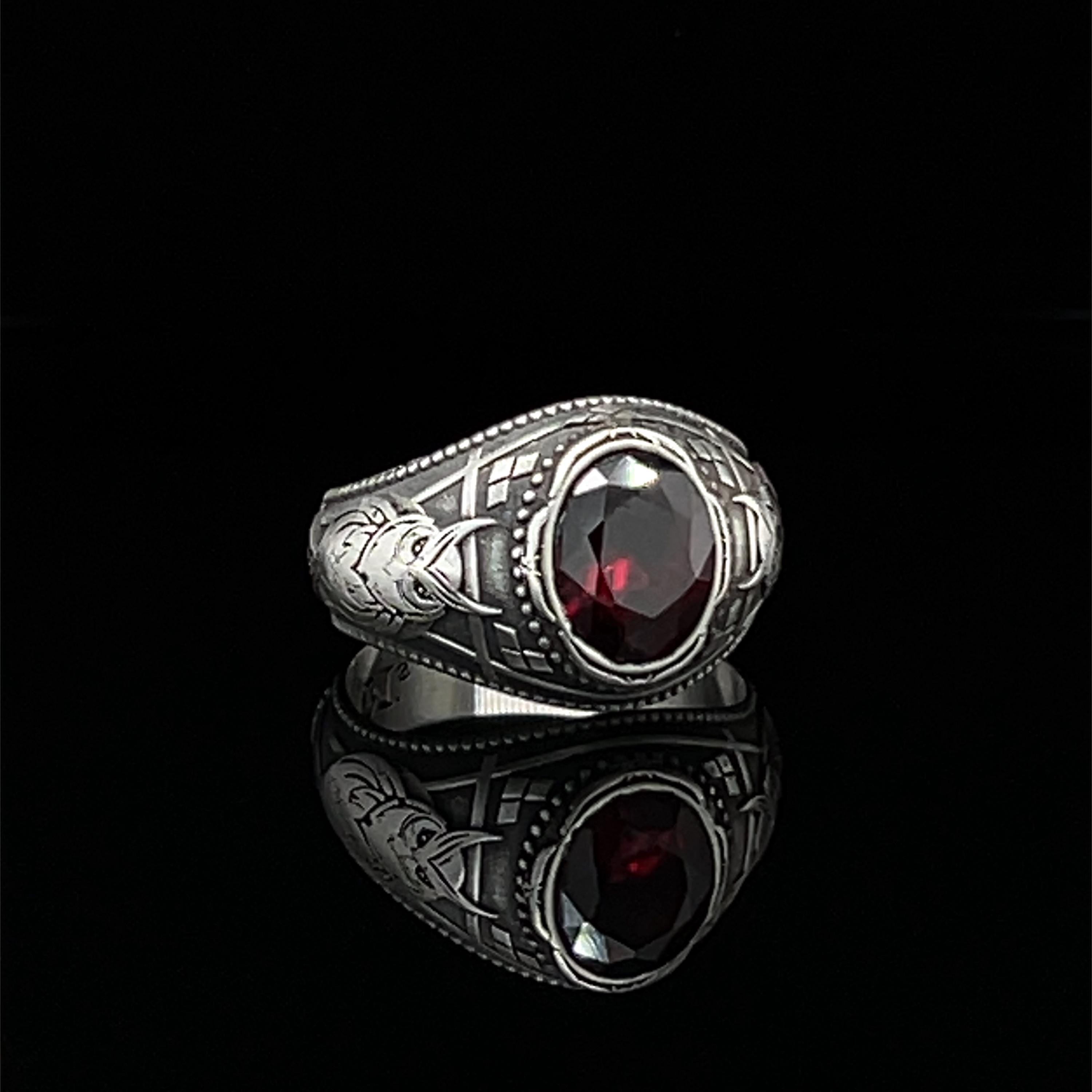 Owl Sterling Silver Garnet Ring, Antique Design Animal Jewelry, Handmade Signet Gift