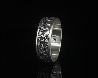 Oxidized Art Deco Wedding Band Ring, Stylish Men's Everyday Jewelry