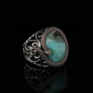Snake Turquoise Stone Men&#39;s Ring, Unique Serpent Goth Ring, Oxidized Sterling Silver Snake Ring, Handmade, Cool Gothic Jewelry