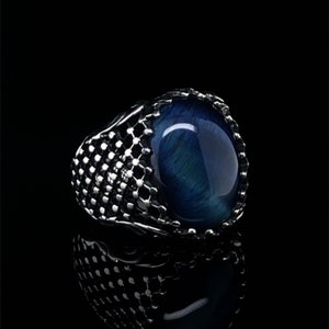 Men’s Tiger’s Eye Promise Ring, Vintage Sterling Silver, Blue Tiger Gemstone Anniversary Ring, Antique Silver Statement Ring, Magic Gift Him