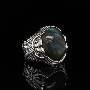 Labradorit Sterling Silber Ring, Mittelalterlicher Doppelkopf Adler Design
