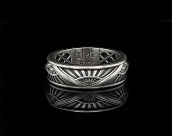 Vintage Inspired 8mm Sterling Silver Wedding Band, Engraved Art Deco Style