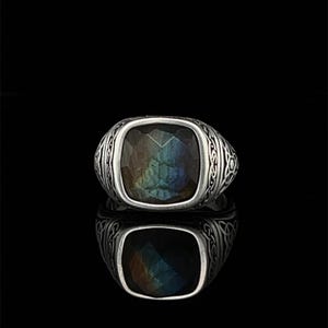 Celtic Band Ring with Labradorite, Unique Mythology Inspired Jewelry, Sterling Silver Mens Ring