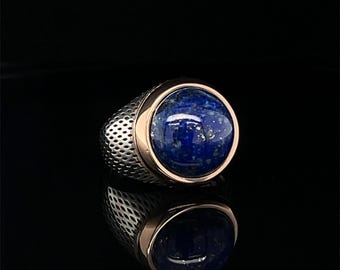 Oxidierter Sterling Silber Lapis Lazuli Ring, Handgemachter Edelstein Schmuck, Rund 14 mm Blauer Stein