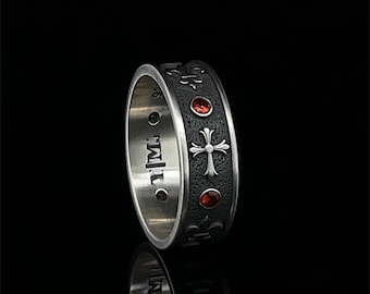 Elegant Silver Garnet Cross Ring, Symbolic Religious Jewelry for Men and Women, Fleur De Lis and Cross Promise Ring