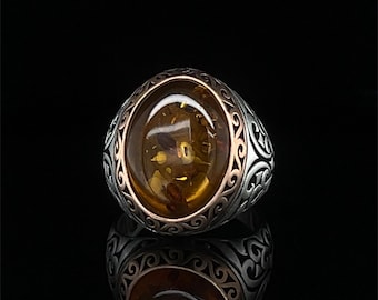 Authentic  Sterling Silver Ring with Genuine Baltic Amber, Orange Stone Statement Ring For Men