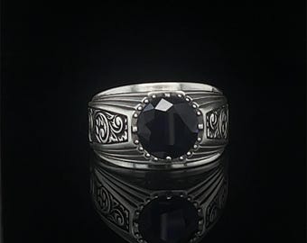 Engraved Sapphire Men's Ring in Sterling Silver, Antique Style Gemstone Statement Piece