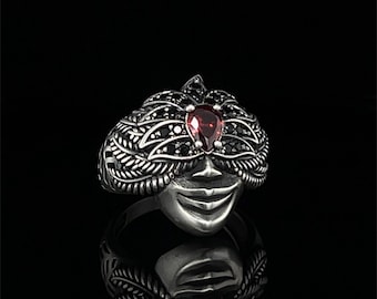 Oxidized Sterling Silver Buddha Ring with Garnet, Religious Jewelry