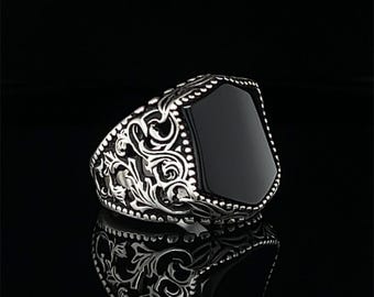 Black Onyx Filigree Signet Ring for Men, Artisan Sterling Silver Design