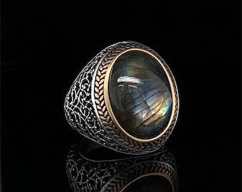 Unique Oval Labradorite Ring,  925 Silver Handmade Filigree,  Bohemian Vintage Style Gift for Men