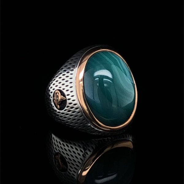 Aqeeq Gemstone Sterling Silver Ring, Agate Stone Ring, Yemeni Deep Green Khabadi Aqeeq 925 Silver Ring, Big Gemstone Ring, Gift For Husband