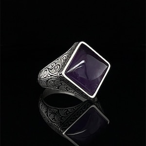 Anello antico in argento con ametista quadrata per uomo, gioiello con pietre preziose incise personalizzate