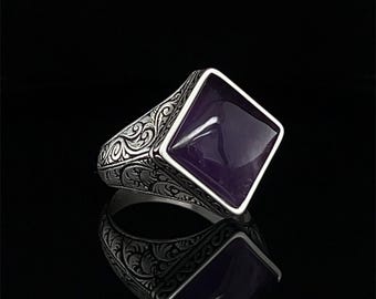 Antique Square Amethyst Silver Ring for Men, Custom Engraved Gemstone Jewelry