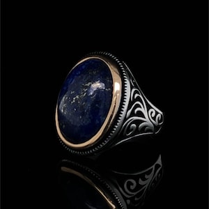 Lapis Lazuli Band Engraved Ring, Premium Quality Statement Ring, Vintage Gothic Jewelry, Dark Blue Ring, Elegant Sterling Silver, Gift Gents