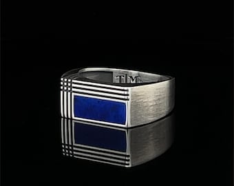 Unique Rentagle Lapis Lazuli Wedding Ring for Him in Sterling Silver