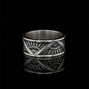 Silver Art Deco Wedding Band, Unique Ring For Men, Engagement Ring, Vintage Jewelry, Engraved 10 mm Wide Band, Art Deco Eternity Band
