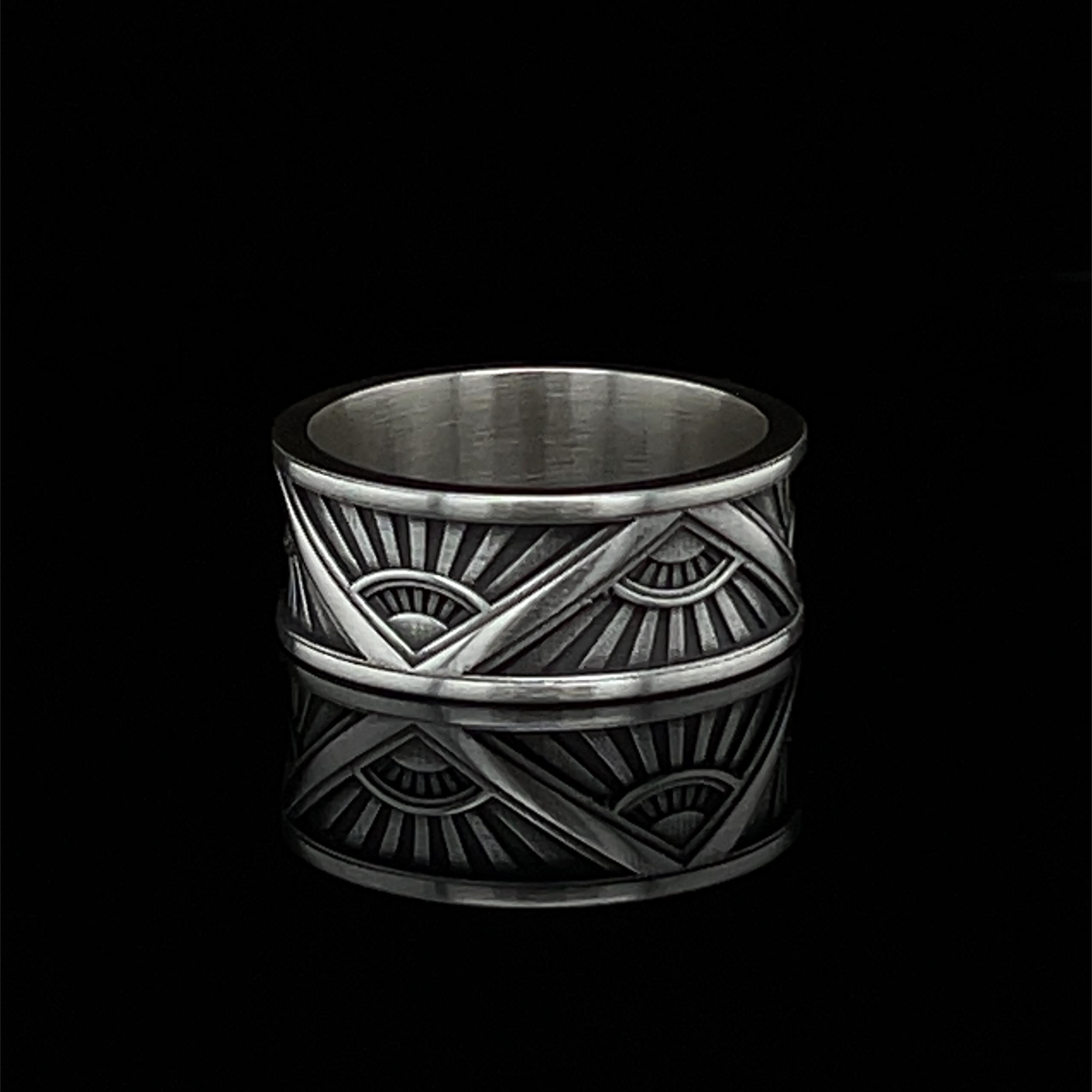 Silver Art Deco Wedding Band, Engraved Eternity Ring, Vintage Jewelry, 10mm Wide, Statement Ring
