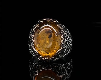 Elegant Amber Jewelry for Him, Vintage Gemstone Ring in Sterling Silver