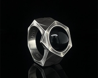 Brutalist 925 Sterling Silver Ring, Oxidized Geometric Design with Onyx Gemstone