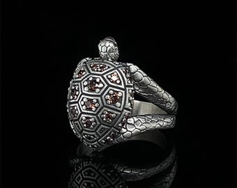 Handmade Silver Turtle Ring with Brown Quartz, Unique Animal Jewelry