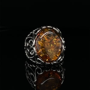 Unique Amber Sterling Silver Ring, Gemstone Jewelry, Baltic Amber 15*20 mm Oval Ring, Handmade, Unisex Ring, Statement Ring